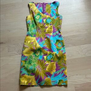 David Meister size 4 Vibrant Floral Dress - Yellow and Purple and Aqua Tropical